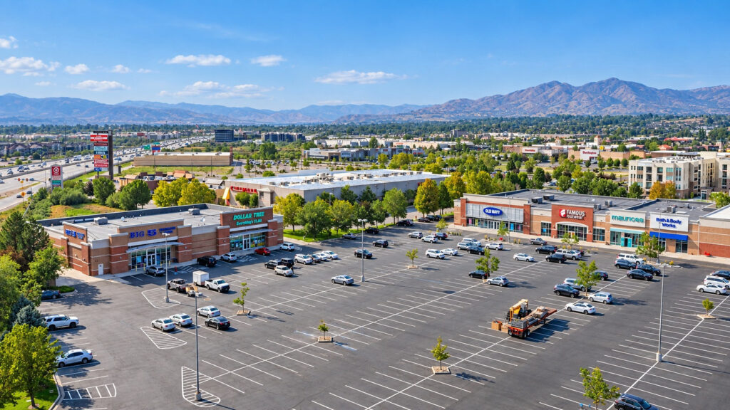 Aerial view of Alpine Valley Shopping Center in American Fork, Utah, showing retail storefronts, parking areas, and mountains in the background.