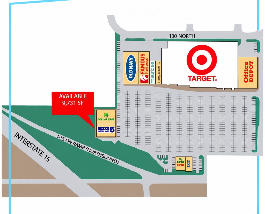 Alpine Valley Shopping Center site plan highlighting the 9,731 SF retail space next to Dollar Tree, with surrounding stores, parking, and nearby I-15 access.
