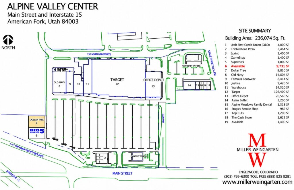 Alpine Valley Shopping Center site plan showing the 9,731 SF retail space beside Dollar Tree, parking areas, and access from Main Street in American Fork.